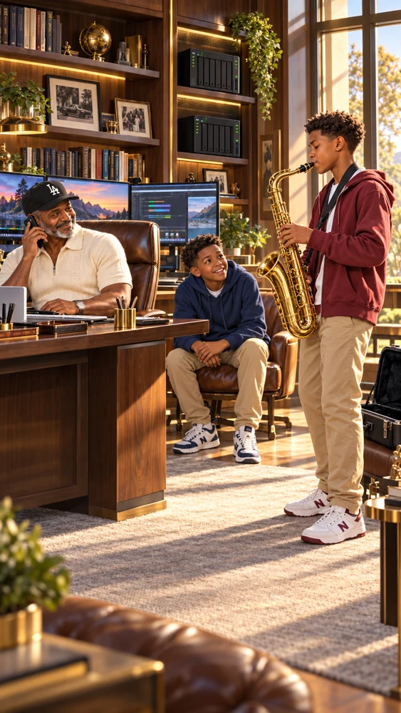 Unc with his nephews during a conversation in the study