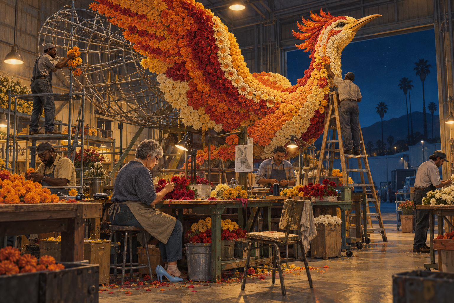 Illustration of craftspeople working under warm lights on an enormous floral bird, its unfinished steel frame exposed against the night.
